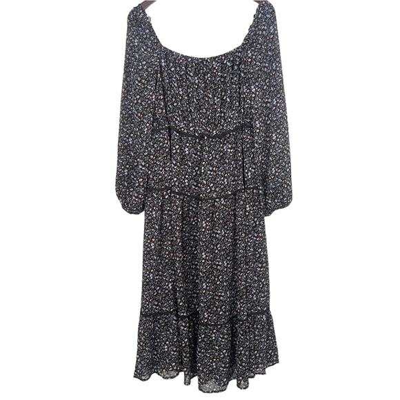 Floret Studios Juliet Floral Long Sleeve Tiered Black Blue Midi Dress Size S - Picture 4 of 6